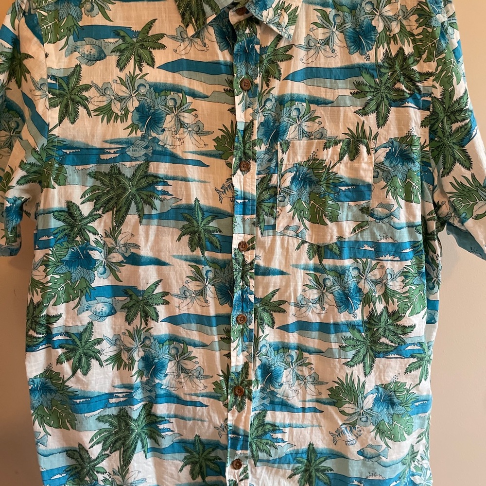 Old Navy Green and Blue Casual Button Down Hawaiian Shirt